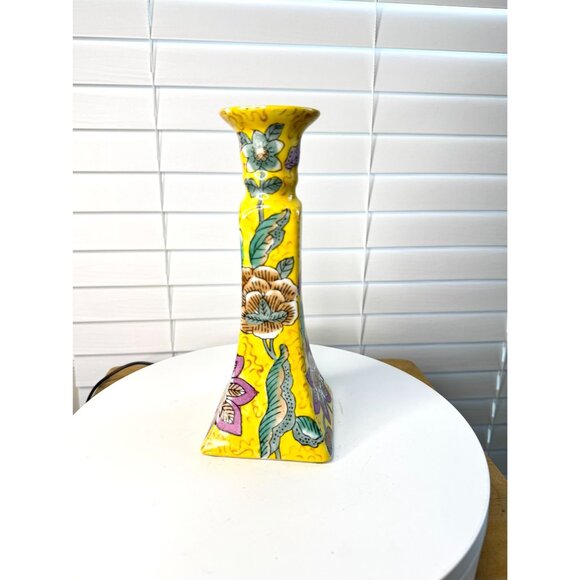 Vintage Chinese Porcelain Candlestick Holder Yellow Floral - Picture 7 of 8